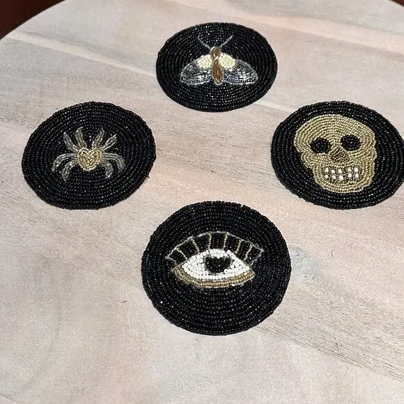 Halloween Spell Hand Crafted Beaded Coasters Skeleton Spider Moth Evil Eye New - Picture 2 of 10